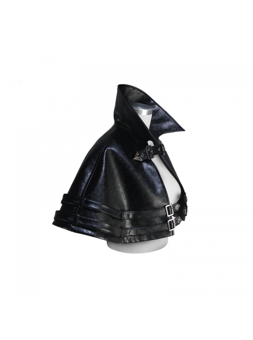 Metal Buckle Leather Loop Collar Black Punk Pattern Leather Cape
