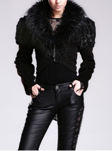 Fur Collar Long Sleeve Rose Lace Hem Black Gothic Short Woolen Coat
