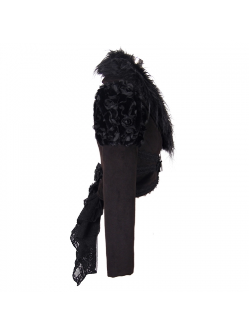 Fur Collar Long Sleeve Rose Lace Hem Black Gothic Short Woolen Coat