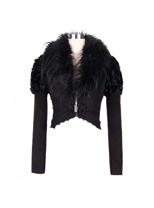 Fur Collar Long Sleeve Rose Lace Hem Black Gothic Short Woolen Coat