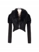Fur Collar Long Sleeve Rose Lace Hem Black Gothic Short Woolen Coat