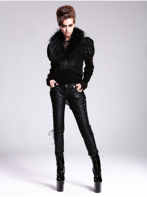 Fur Collar Long Sleeve Rose Lace Hem Black Gothic Short Woolen Coat