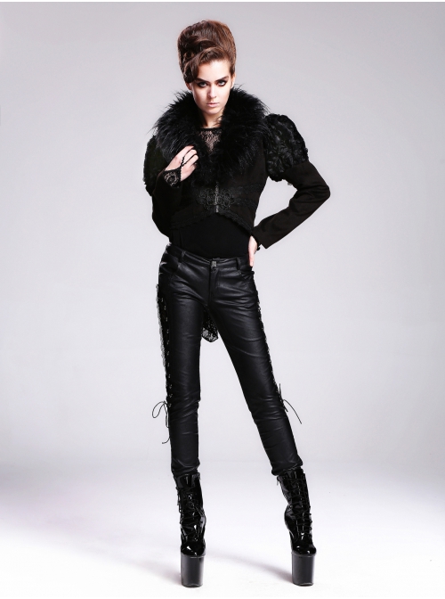 Fur Collar Long Sleeve Rose Lace Hem Black Gothic Short Woolen Coat
