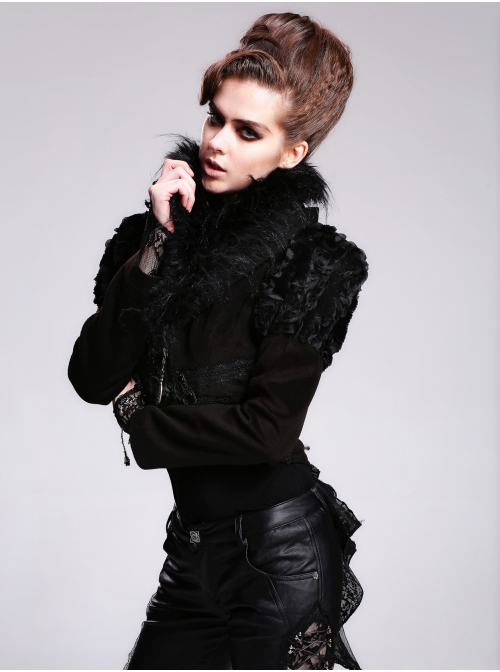 Fur Collar Long Sleeve Rose Lace Hem Black Gothic Short Woolen Coat