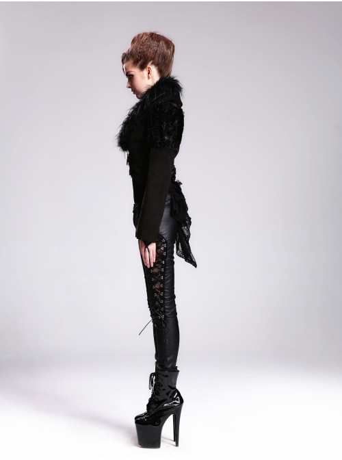 Fur Collar Long Sleeve Rose Lace Hem Black Gothic Short Woolen Coat