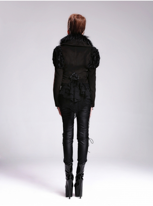 Fur Collar Long Sleeve Rose Lace Hem Black Gothic Short Woolen Coat