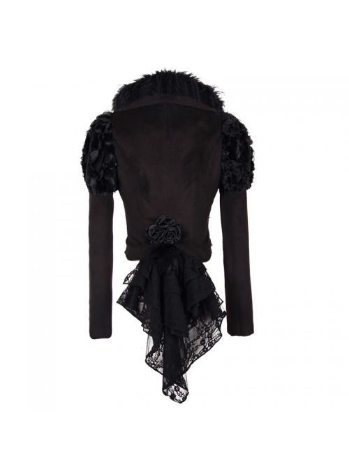 Fur Collar Long Sleeve Rose Lace Hem Black Gothic Short Woolen Coat