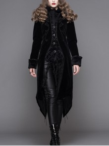 Fake Two-Piece Stand-Up Collar Front Embroidery Glass Pattern Button Dovetail Hem Black Gothic Velvet Coat