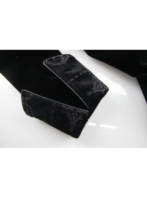 Fake Two-Piece Stand-Up Collar Front Embroidery Glass Pattern Button Dovetail Hem Black Gothic Velvet Coat