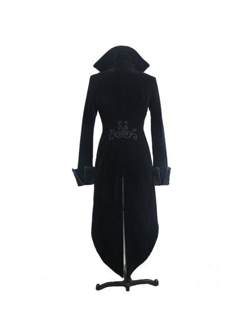 Fake Two-Piece Stand-Up Collar Front Embroidery Glass Pattern Button Dovetail Hem Black Gothic Velvet Coat