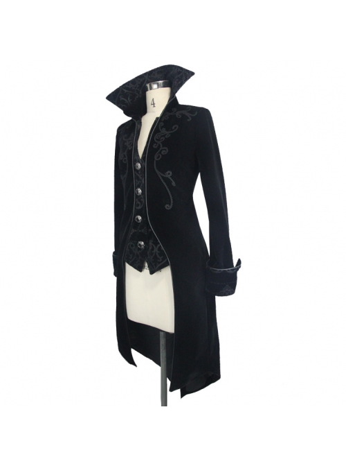 Fake Two-Piece Stand-Up Collar Front Embroidery Glass Pattern Button Dovetail Hem Black Gothic Velvet Coat