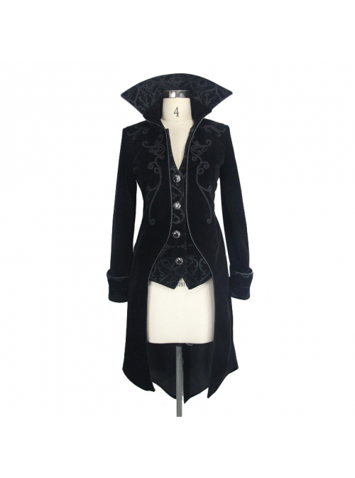 Fake Two-Piece Stand-Up Collar Front Embroidery Glass Pattern Button Dovetail Hem Black Gothic Velvet Coat