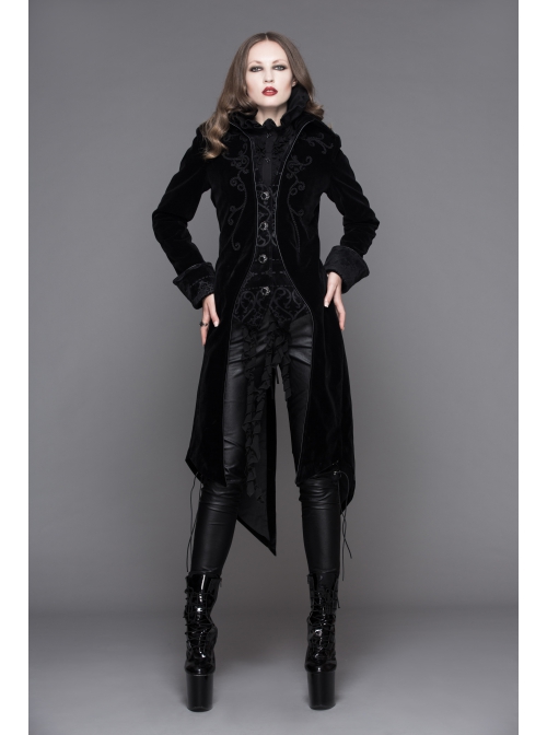 Fake Two-Piece Stand-Up Collar Front Embroidery Glass Pattern Button Dovetail Hem Black Gothic Velvet Coat