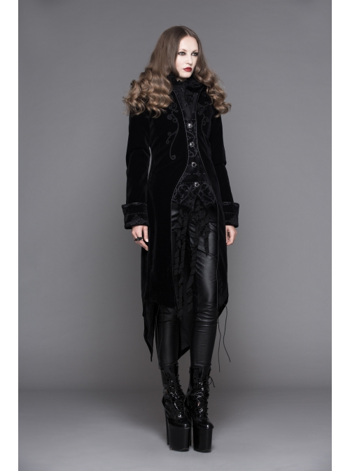 Fake Two-Piece Stand-Up Collar Front Embroidery Glass Pattern Button Dovetail Hem Black Gothic Velvet Coat