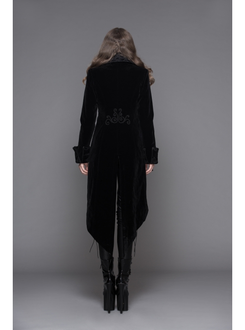 Fake Two-Piece Stand-Up Collar Front Embroidery Glass Pattern Button Dovetail Hem Black Gothic Velvet Coat