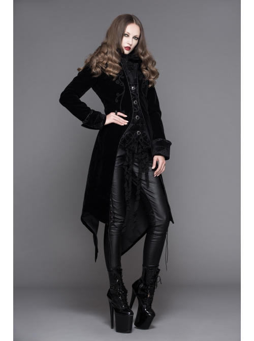 Fake Two-Piece Stand-Up Collar Front Embroidery Glass Pattern Button Dovetail Hem Black Gothic Velvet Coat