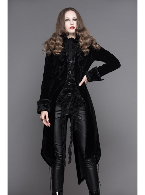Fake Two-Piece Stand-Up Collar Front Embroidery Glass Pattern Button Dovetail Hem Black Gothic Velvet Coat