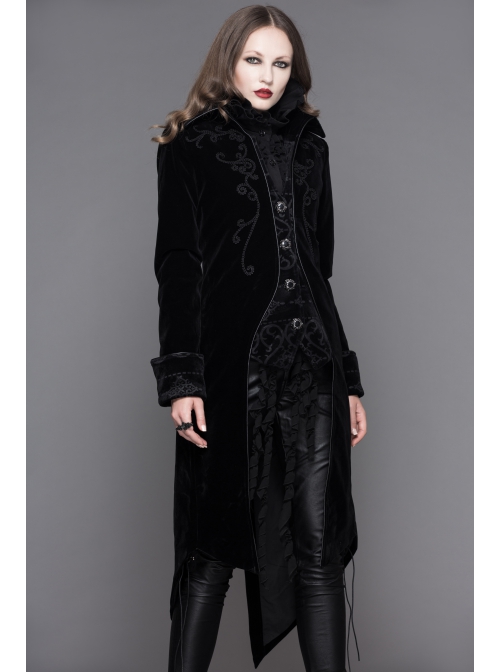 Fake Two-Piece Stand-Up Collar Front Embroidery Glass Pattern Button Dovetail Hem Black Gothic Velvet Coat