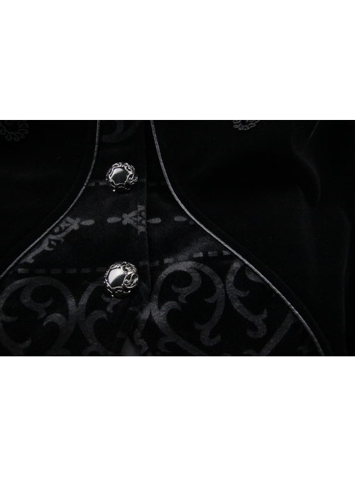 Fake Two-Piece Stand-Up Collar Front Embroidery Glass Pattern Button Dovetail Hem Black Gothic Velvet Coat