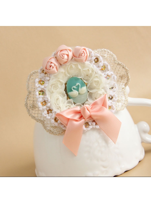 Fashion Lolita Cute Retro Swan White Lace Pink Bow Rose Flower Female Brooch