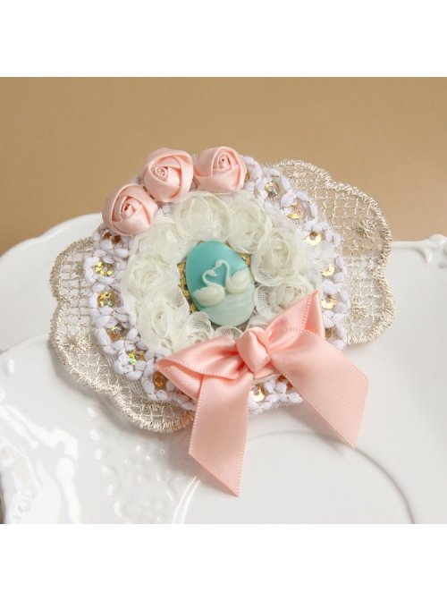 Fashion Lolita Cute Retro Swan White Lace Pink Bow Rose Flower Female Brooch