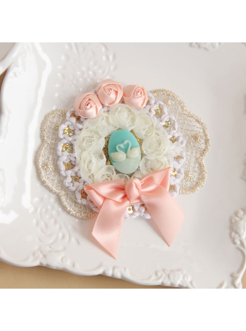 Fashion Lolita Cute Retro Swan White Lace Pink Bow Rose Flower Female Brooch