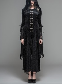 Front Metal Blossom Hook Clasp Back Waist Lace-Up Black Gothic Embossed Velvet Hoodie Coat