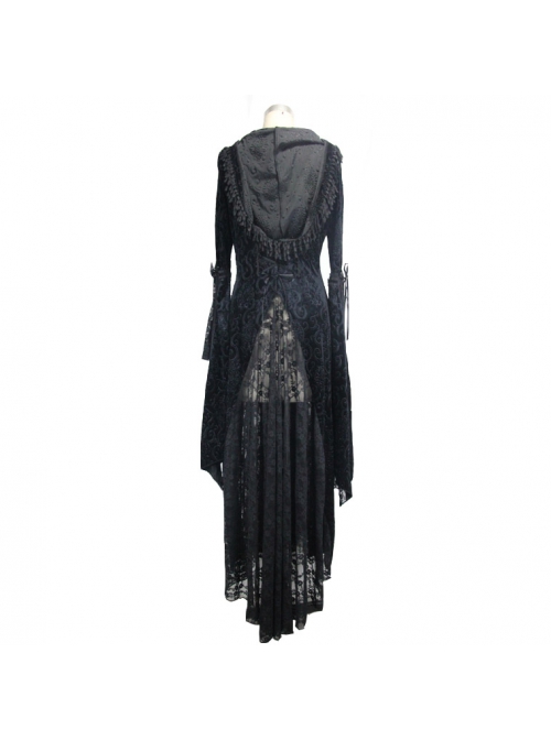 Front Metal Blossom Hook Clasp Back Waist Lace-Up Black Gothic Embossed Velvet Hoodie Coat