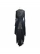 Front Metal Blossom Hook Clasp Back Waist Lace-Up Black Gothic Embossed Velvet Hoodie Coat