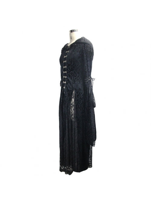 Front Metal Blossom Hook Clasp Back Waist Lace-Up Black Gothic Embossed Velvet Hoodie Coat