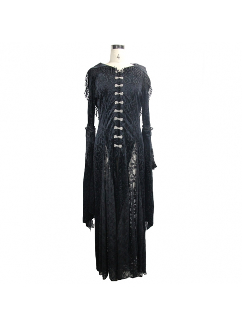 Front Metal Blossom Hook Clasp Back Waist Lace-Up Black Gothic Embossed Velvet Hoodie Coat