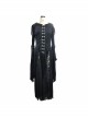 Front Metal Blossom Hook Clasp Back Waist Lace-Up Black Gothic Embossed Velvet Hoodie Coat