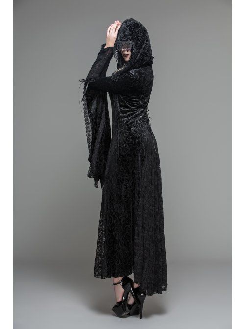 Front Metal Blossom Hook Clasp Back Waist Lace-Up Black Gothic Embossed Velvet Hoodie Coat