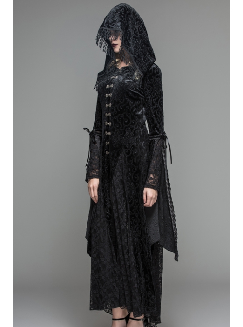Front Metal Blossom Hook Clasp Back Waist Lace-Up Black Gothic Embossed Velvet Hoodie Coat