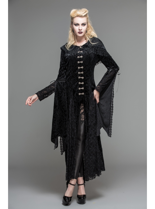 Front Metal Blossom Hook Clasp Back Waist Lace-Up Black Gothic Embossed Velvet Hoodie Coat