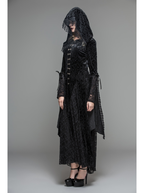 Front Metal Blossom Hook Clasp Back Waist Lace-Up Black Gothic Embossed Velvet Hoodie Coat
