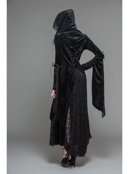 Front Metal Blossom Hook Clasp Back Waist Lace-Up Black Gothic Embossed Velvet Hoodie Coat