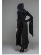 Front Metal Blossom Hook Clasp Back Waist Lace-Up Black Gothic Embossed Velvet Hoodie Coat