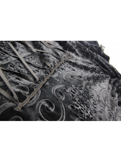Front Metal Blossom Hook Clasp Back Waist Lace-Up Black Gothic Embossed Velvet Hoodie Coat