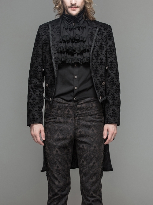 3D Braid Collar Decorated Pattern Button Long Sleeve Black Gothic Flocking Coat
