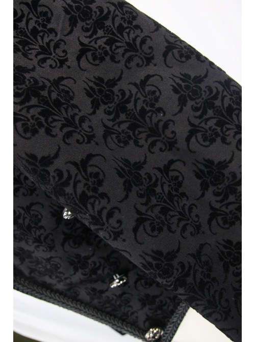 3D Braid Collar Decorated Pattern Button Long Sleeve Black Gothic Flocking Coat