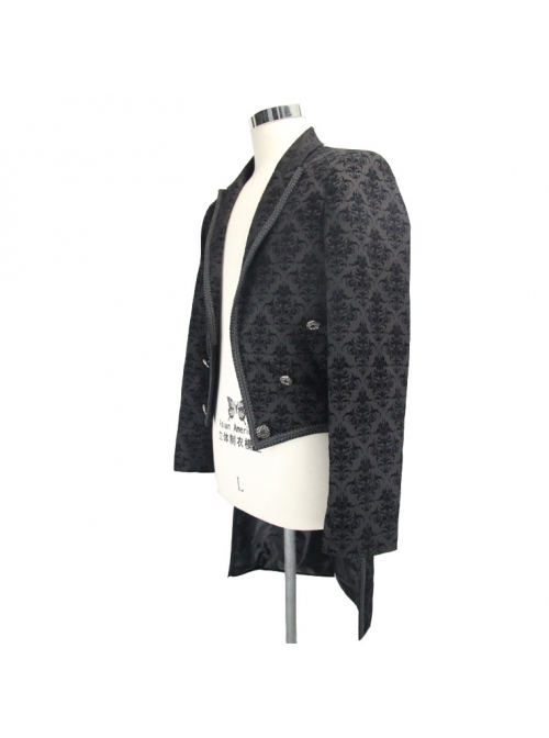 3D Braid Collar Decorated Pattern Button Long Sleeve Black Gothic Flocking Coat