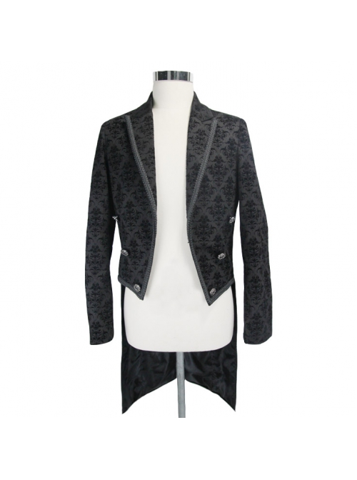 3D Braid Collar Decorated Pattern Button Long Sleeve Black Gothic Flocking Coat