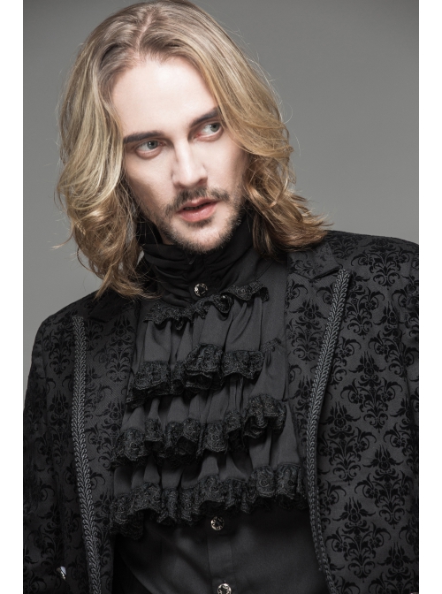 3D Braid Collar Decorated Pattern Button Long Sleeve Black Gothic Flocking Coat
