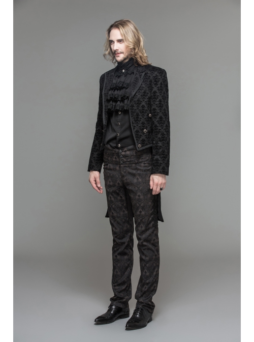 3D Braid Collar Decorated Pattern Button Long Sleeve Black Gothic Flocking Coat