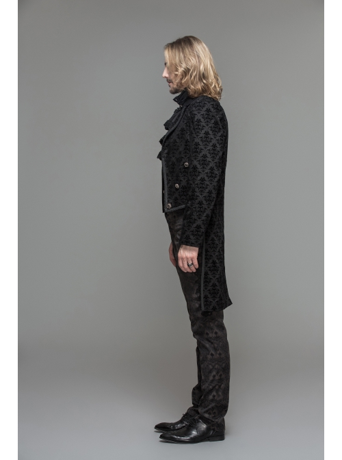 3D Braid Collar Decorated Pattern Button Long Sleeve Black Gothic Flocking Coat