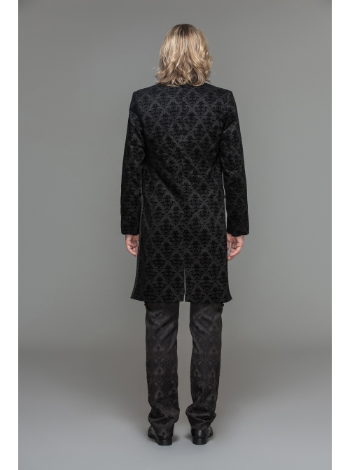 3D Braid Collar Decorated Pattern Button Long Sleeve Black Gothic Flocking Coat