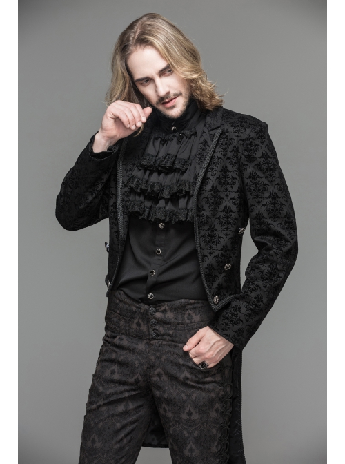 3D Braid Collar Decorated Pattern Button Long Sleeve Black Gothic Flocking Coat