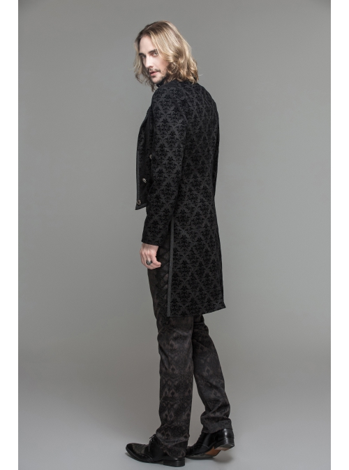 3D Braid Collar Decorated Pattern Button Long Sleeve Black Gothic Flocking Coat