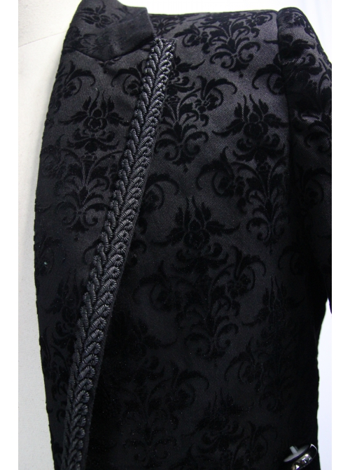 3D Braid Collar Decorated Pattern Button Long Sleeve Black Gothic Flocking Coat